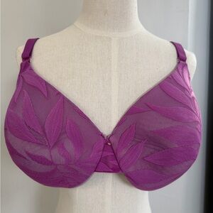 Cacique 38DDD (or 38F) Women’s Magenta floral mesh over lining underwire bra EUC